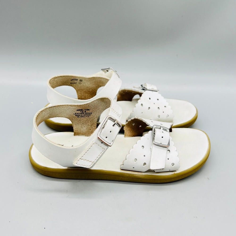 Footmates Sandals Girl 12 White Leather Ariel Ankle Strap Buckle Scalloped Shoes